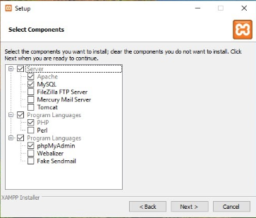 Screenshot des XAMPP Setup Wizard mit dem Auswahl Screen für die zu installierenden Komponenten.