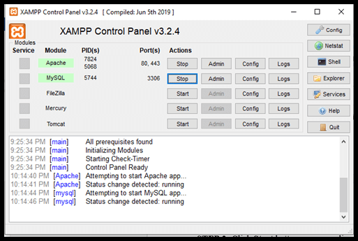 Screenshot des XAMPP Control Panel mit gestartetem Apache und gestartetem MySQL
