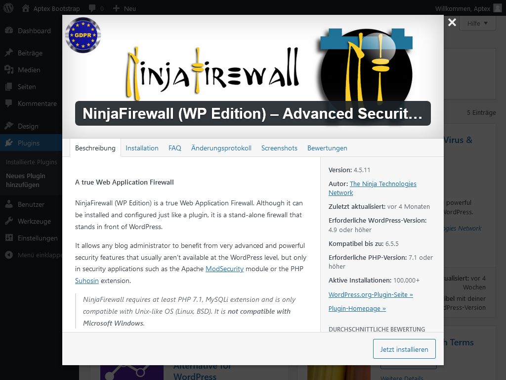 WordPress Plugin Detailansicht für NinjaFirewall (WP-Edition). Hier kannst du Details zum Plugin in Erfahrung bringen, bevor du es installierst.