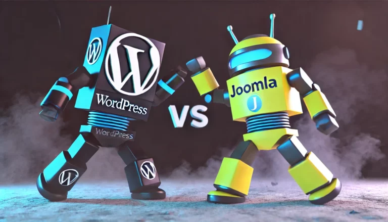 Zwei kämpfende Roboter. Jeder repräsentiert ein CMS. Wer wird gewinnen: Joomla oder WordPress.