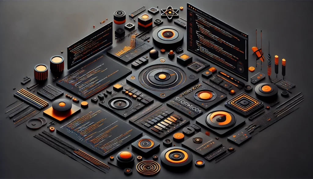 Angular Storybook - stilisierte, isometrische Darstellung von Code und Komponenten als Maschinenteile