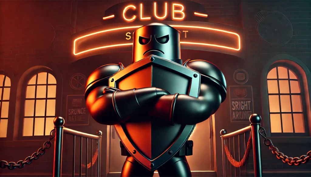 Angular Auth Guards - Ein Roboter mit einem Schild als Körper steht als Türsteher vor einem Club